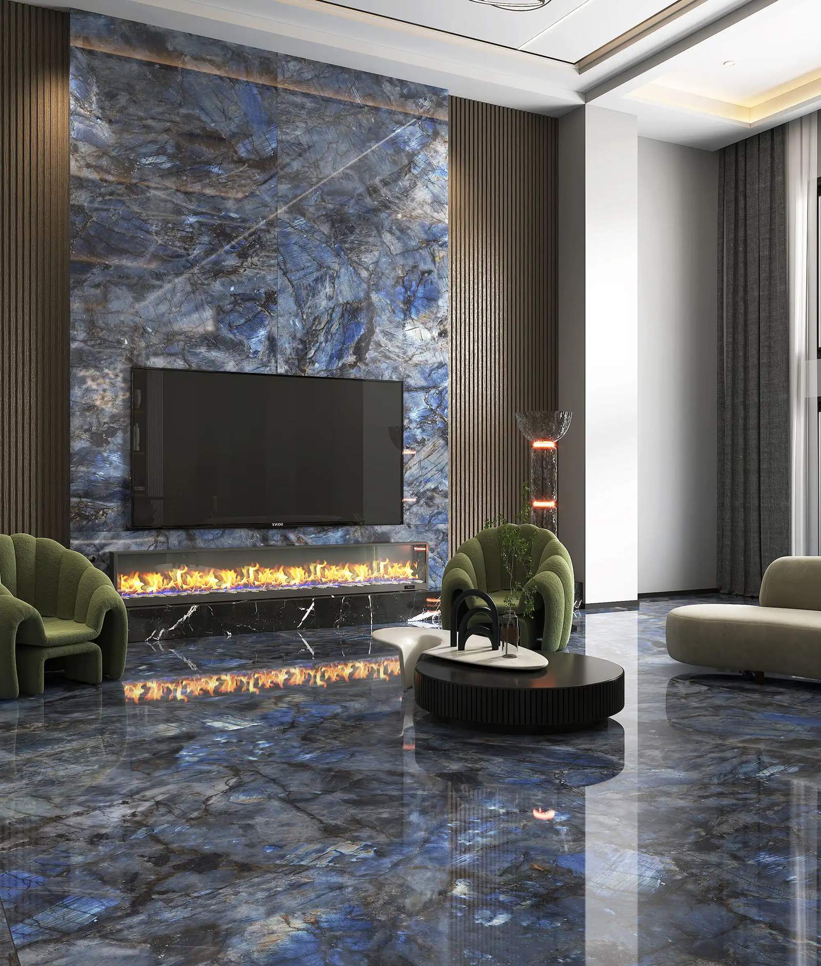Sapphire — ZS160320-353 (Application / render) Sapphire sintered stone applied to living room feature wall and flooring